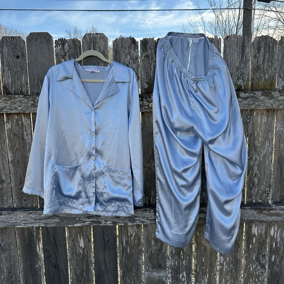 Victoria Secret 2 Piece Sky Baby Blue Satin Pajama Set XL Button Up Top & Pants - Picture 2 of 10